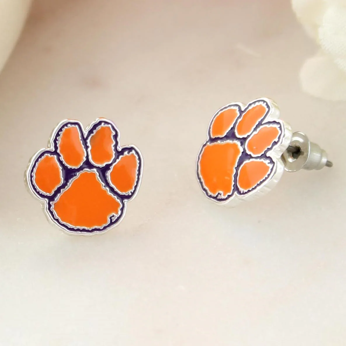 Clemson Enamel Paw Stud Earrings - Image 2